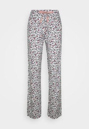 Floral pajama pants in white with a colorful leaf pattern. Features an elastic waistband and a light pink drawstring. Wide-leg cut.