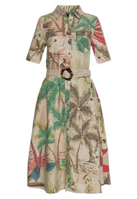 Vestito button-up in tessuto stampato con palme e fiori, maniche corte, vita con cintura e sfondo khaki con colori vivaci.