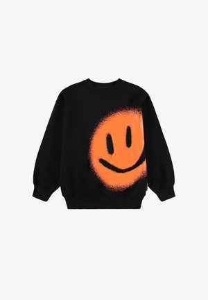 Schwarzes Sweatshirt mit einem großen, sprühbemalten orangen Smiley-Gesicht-Design. Mit gerippten Bündchen und Saum, aus weichem Stoff gefertigt.