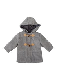 Abrigo de mezcla de lana gris con capucha, con cierres de toggles de madera, dos bolsillos delanteros y un forro interior suave.
