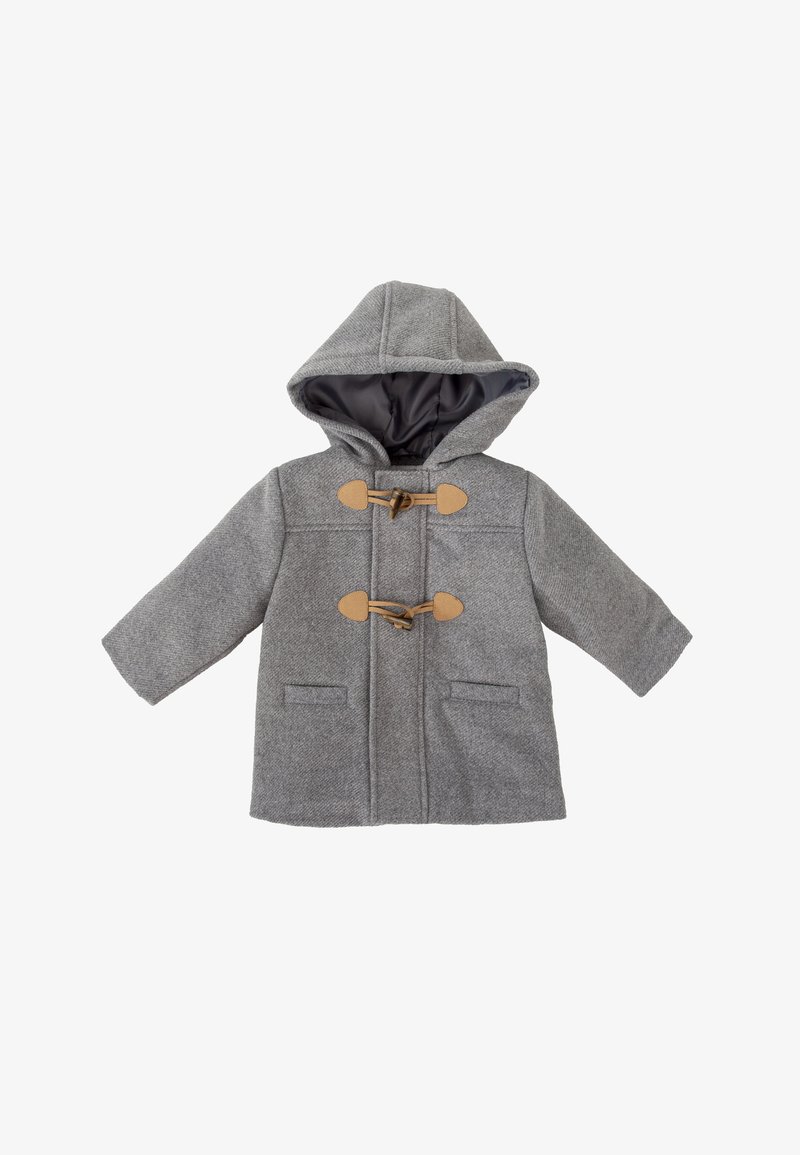 Abrigo de mezcla de lana gris con capucha, con cierres de toggles de madera, dos bolsillos delanteros y un forro interior suave.