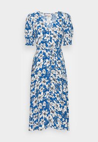 Vestido azul floral com mangas bufantes, apresentando padrões de flores brancas e pretas, um cinto na cintura e um corte a meio comprimento.