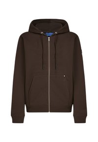 Rjava zip-up kapuca iz debele tkanine z sprednjim žepom, kapuco s vrvico ter rebrastimi manšetami in robom. Značilna je srebrna zadrga.