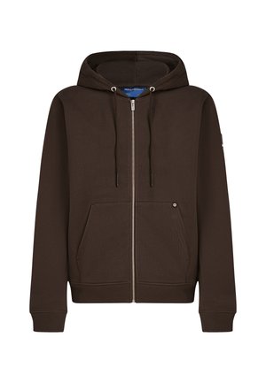 Rjava zip-up kapuca iz debele tkanine z sprednjim žepom, kapuco s vrvico ter rebrastimi manšetami in robom. Značilna je srebrna zadrga.