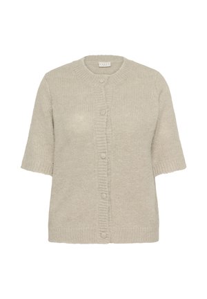 Jasnobeżowy, dziergany kardigan z krótkimi rękawami, okrągłym dekoltem i zapinany z przodu na guziki z prążkowanymi detalami wzdłuż plisy.