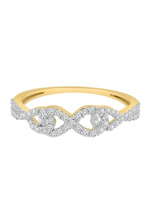 Anello in oro giallo con anelli intrecciati di piccoli diamanti rotondi che formano un motivo infinito lungo la fascia superiore.