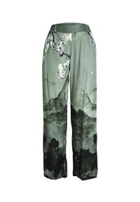 Loose-fitting pants with elastic waistband featuring a green and black scenic mountain and floral print design.