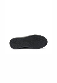 Suela de zapato de goma negra con un patrón texturizado para un mejor agarre, una zona acolchada cerca del talón y una forma curva para mayor comodidad y soporte.