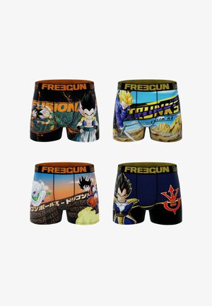 Quatre paires de boxers pour hommes avec des personnages d'anime colorés, dotés d'une ceinture élastique "FREEGUN" ; les designs incluent des scènes d'action et des textes.