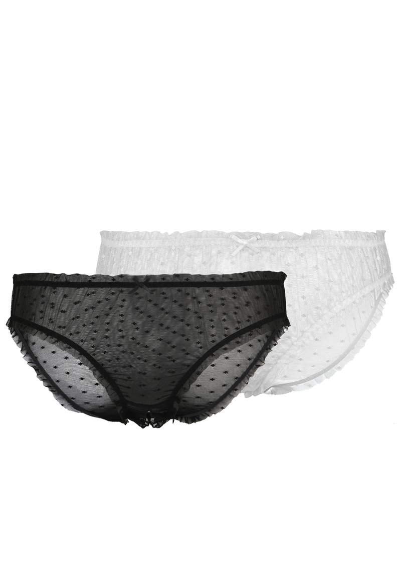 Black and white mesh brief set with polka dot pattern, ruffled edges, and bow accents on the waistband. Stretchy, lightweight fabric.