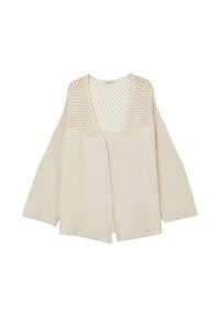 Helle beige Strickjacke aus offenem Gewebe mit lockerer Passform, ausgestattet mit einem strukturierten Körper und großem Netzmuster an den Ärmeln. Keine Verschlüsse oder Befestigungen.