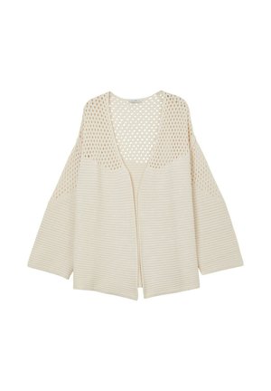 Helle beige Strickjacke aus offenem Gewebe mit lockerer Passform, ausgestattet mit einem strukturierten Körper und großem Netzmuster an den Ärmeln. Keine Verschlüsse oder Befestigungen.