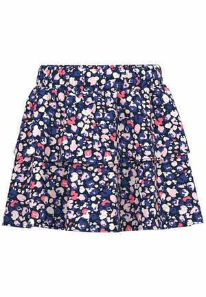 Jupe à couches bleu foncé avec motif floral abstrait rose, blanc et violet et taille élastique.
