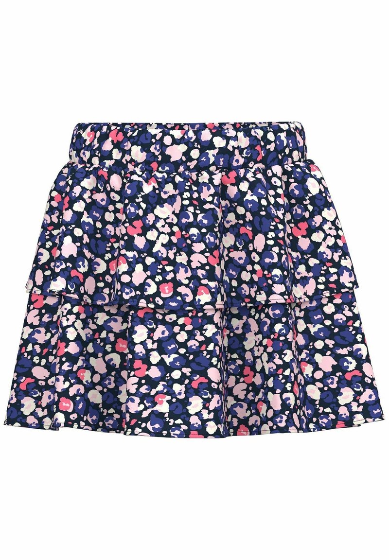 Jupe à couches bleu foncé avec motif floral abstrait rose, blanc et violet et taille élastique.