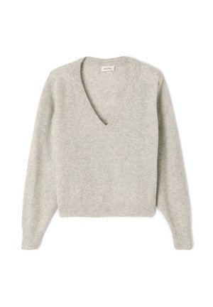 Pullover in lana grigio chiaro con scollatura a V profonda, maniche lunghe e orlo cropped. Tessuto morbido con design minimale e senza abbellimenti visibili.