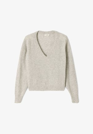 Gaiši pelēks vilnas džemperis ar dziļu V-veida kakla izgriezumu, garām piedurknēm un īsu apakšmalu. Mīksta tekstūra ar minimālistisku dizainu un bez redzamām rotājumām.