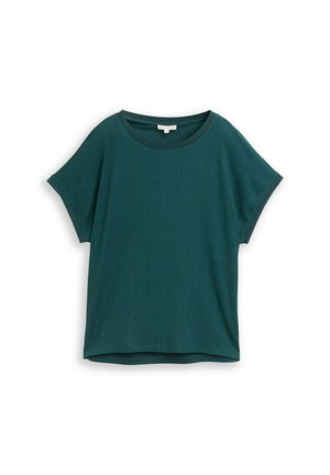 Short-sleeve dark green textured blouse with round neckline and loose fit, laid flat on a white background.