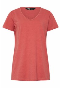 Koralowy różowy damski T-shirt z krótkim rękawem i dekoltem w serek, o luźnym kroju i jednolitej fakturze.