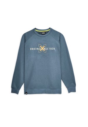 Sudadera azul con mangas largas, cuello redondo y mangas raglán. Presenta el texto "ORIGINAL SINCE 1939" y un logo en amarillo. Textura suave.