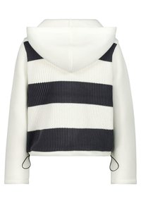 Hooded kort sweatshirt med vit, marinblå och grå randig stickning. Har en v-ringning och justerbar dragsko i fållen.