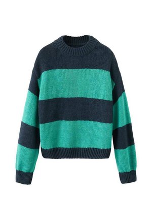 Pleteni pulover z širokimi vodoravnimi črtami v teal in mornarsko modri barvi, rebrastim izrezom in manšetami ter škatlastim skrajšanim dizajnom.