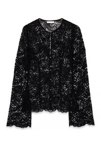 Black lace blouse with long sleeves, featuring a floral pattern, round neckline, button closure, and scalloped hemline.