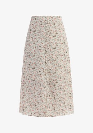 Falda floral de longitud media en tejido ligero. Presenta una base crema con pequeños patrones de flores multicolores, corte recto y botones ocultos.
