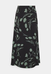 Černá sukně s zeleným květinovým vzorem, vyrobená z lehkého materiálu. Má rozšířenou siluetu a hladký povrch.