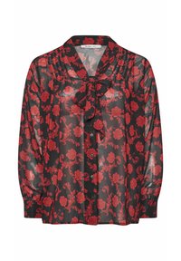 Sort gennemsigtig bluse med rødt blomsterprint, der har en sløjfe ved halsen, lange ærmer og knaplukning. Flæser foran.