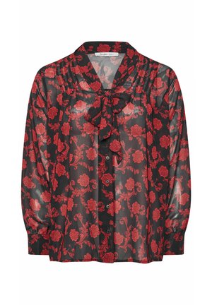 Schwarze durchsichtige Bluse mit rotem Blumenmuster, mit einem Schleifenkragen, langen Ärmeln und Knopfverschluss. Rüschendetails entlang der Vorderseite.