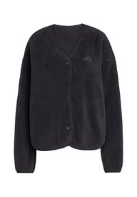 Giacca in fleece grigio scuro con scollo a V, chiusura a bottoni a pressione, maniche lunghe e dettaglio del logo sul petto. Materiale morbido e testurizzato.