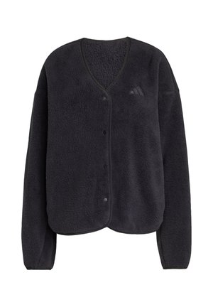 Dark grey fleece jacket with a V-neck, snap button closure, long sleeves, and logo detail on the chest. Soft, textured material.