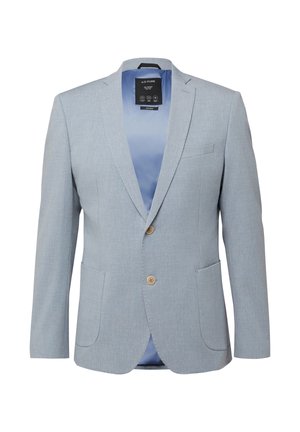 Lichtblauw herenblazer met twee beige knopen, een inkeping revers, twee voorkanten zakken, een borstzakje en een blauwe voering aan de binnenkant.