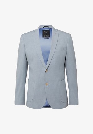 Blazer bleu clair pour homme avec deux boutons beige, col cranté, deux poches avant, poche poitrine et doublure intérieure bleue.