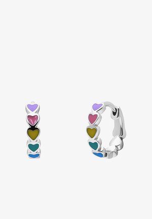 Boucles d'oreilles en argent en forme de créole avec une ligne d'accents en forme de cœur colorés dans des teintes de violet, rose, jaune, noir, bleu canard et bleu. Fini lisse et poli.