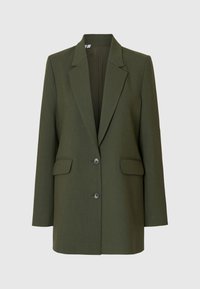Oliven grøn blazer med skræddersyet design, enkeltsidet front, med notch lapels, to forlommer og to knaplukninger.