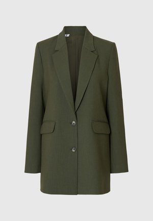Olive green blazer with a tailored design, single-breasted front, notched lapels, two front pockets, and two button closure.