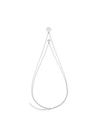 Silberne Halskette mit zwei Ketten unterschiedlicher Längen, die glatte, runde Perlen als Blickfang haben. Elegantes, minimalistisches Design mit einer zarten Oberfläche.
