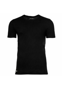 Svart T-shirt för män med kort ärm och rund hals, med en liten grön krokodil-logotyp nära nederkanten på vänster sida.