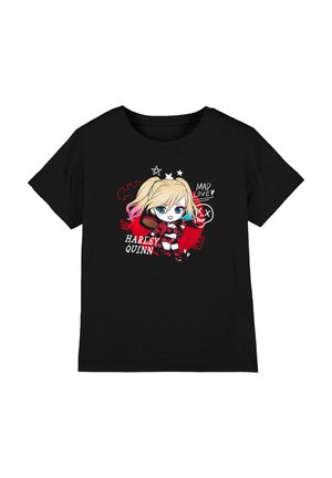 Schwarzes T-Shirt mit Chibi Harley Quinn, die einen Holzhammer hält, buntem Haar, rot-schwarzem Outfit und dem Text "HARLEY QUINN" und "MAD LOVE."