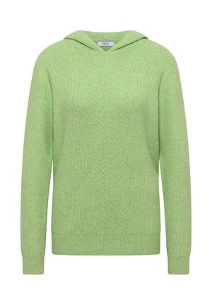 Felpa verde con cappuccio realizzata in tessuto a maglia strutturata, caratterizzata da un ampio scollo, maniche lunghe e polsini e orlo a coste.