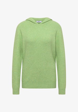 Grøn hættetrøje lavet af tekstureret strikket stof, med en bred halsudskæring, lange ærmer og ribbede manchetter og kant.