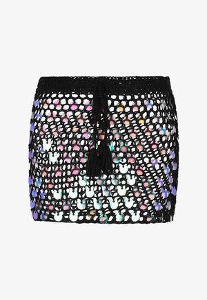 Fustă croșetată neagră cu discuri reflectorizante multicolore, având un șnur cu ciucuri. Design ușor, texturat.