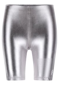 Pantaloni da ciclismo metallici argento con una texture liscia, design aderente e lunghezza a metà coscia, con un logo sobrio sul lato.