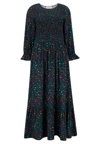 Dlouhé, tmavě zelené šaty se smyčkovaným živůtkem, rozšířenými rukávy a vrstveným lemem. Obsahují barevný abstraktní potisk zvířat v růžové, oranžové a tyrkysové barvě.