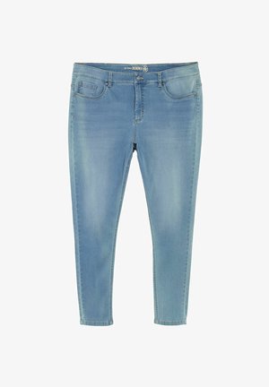 Lys blå denim jeans med slim fit, der har forlommer, en enkelt knaplukning og subtile slidmærker langs lårene.