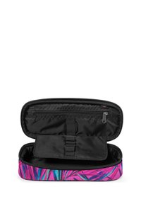 Astuccio con cerniera caratterizzato da un vivace motivo a foglia rosa e blu, interno nero e elastici per l'organizzazione. Dimensioni circa medie.