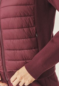 Giacca bordeaux con imbottitura trapuntata, polsini a costine e dettagli con zip. Tessuto morbido sulle maniche e sul corpo inferiore, design aderente con tasca laterale.