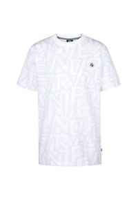 Camiseta blanca de manga corta con un patrón gráfico azul de letras y formas. Equipado con una pequeña etiqueta de logo en el lado izquierdo del pecho.