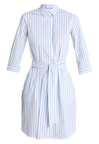 Vestito button-up in azzurro chiaro e bianco con righe verticali, con vita definita da una cintura, maniche lunghe e colletto. Tessuto in cotone.